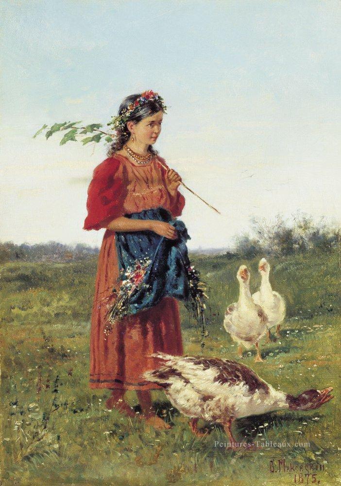 une fille avec des oies 1875 Vladimir Makovsky russe Peintures à l'huile